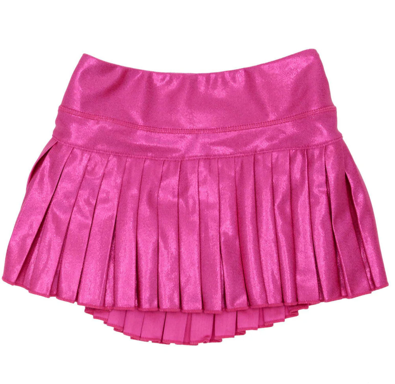 The Azarhia Hot Pink Shimmer Mini Pleat Skort features a wide waistband and metallic finish, shown laid flat on a white background.