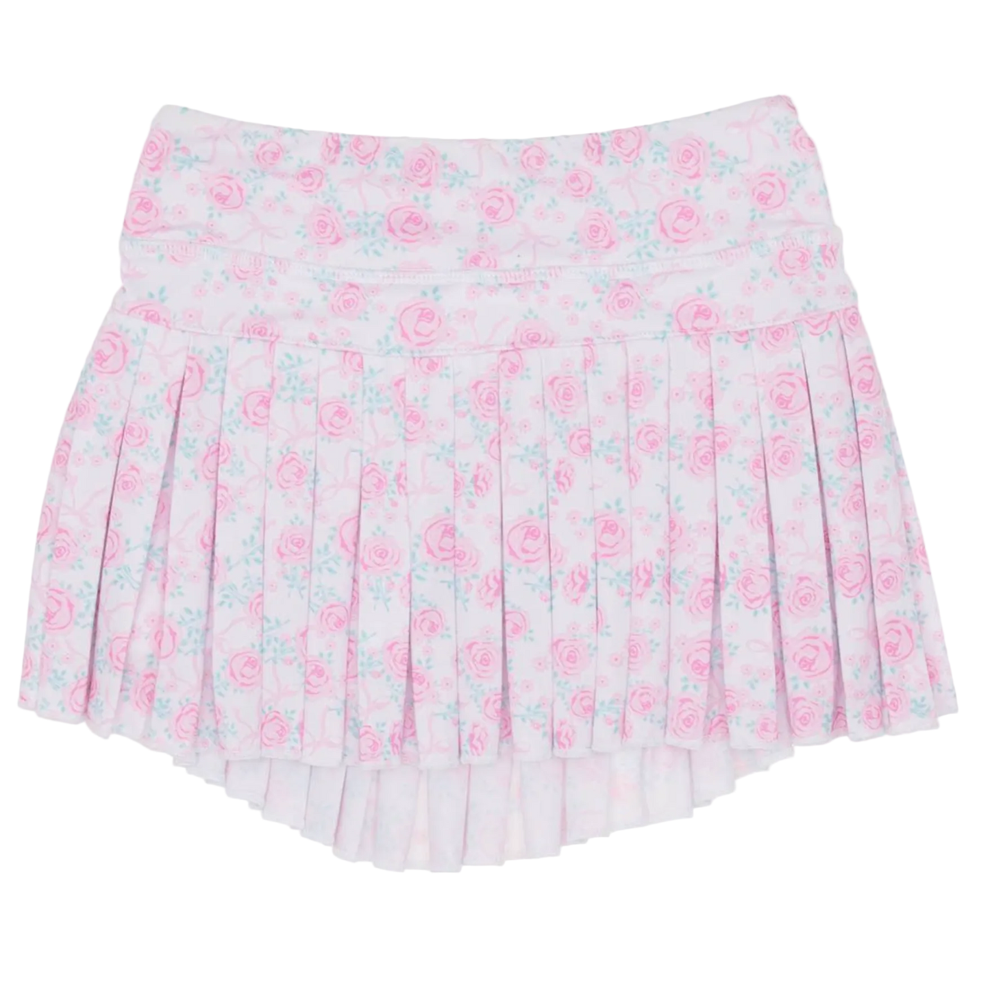 The Rosie Bows Mini Pleat Skort by Azarhia is a girls’ pleated mini skort with a pink floral pattern, delicate blue and pink roses, a slight high-low hem, and the Azarhia logo on the bottom right.