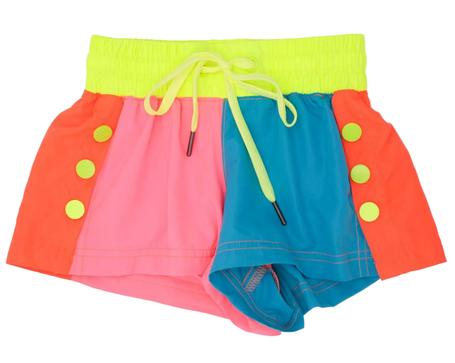 Colorful children's swim shorts with a green waistband and yellow buttons on a white background