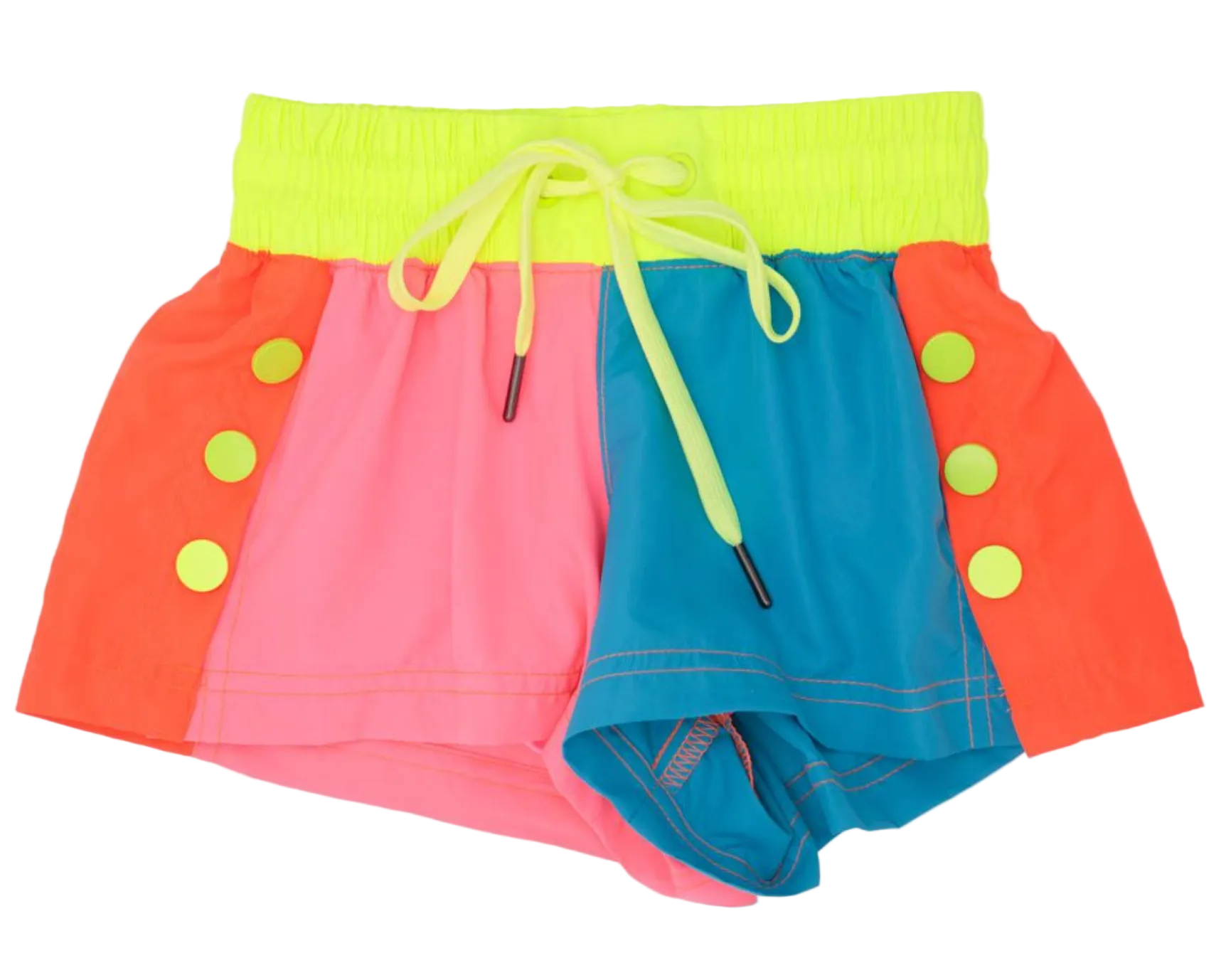 Colorful children's swim shorts with a green waistband and yellow buttons on a white background