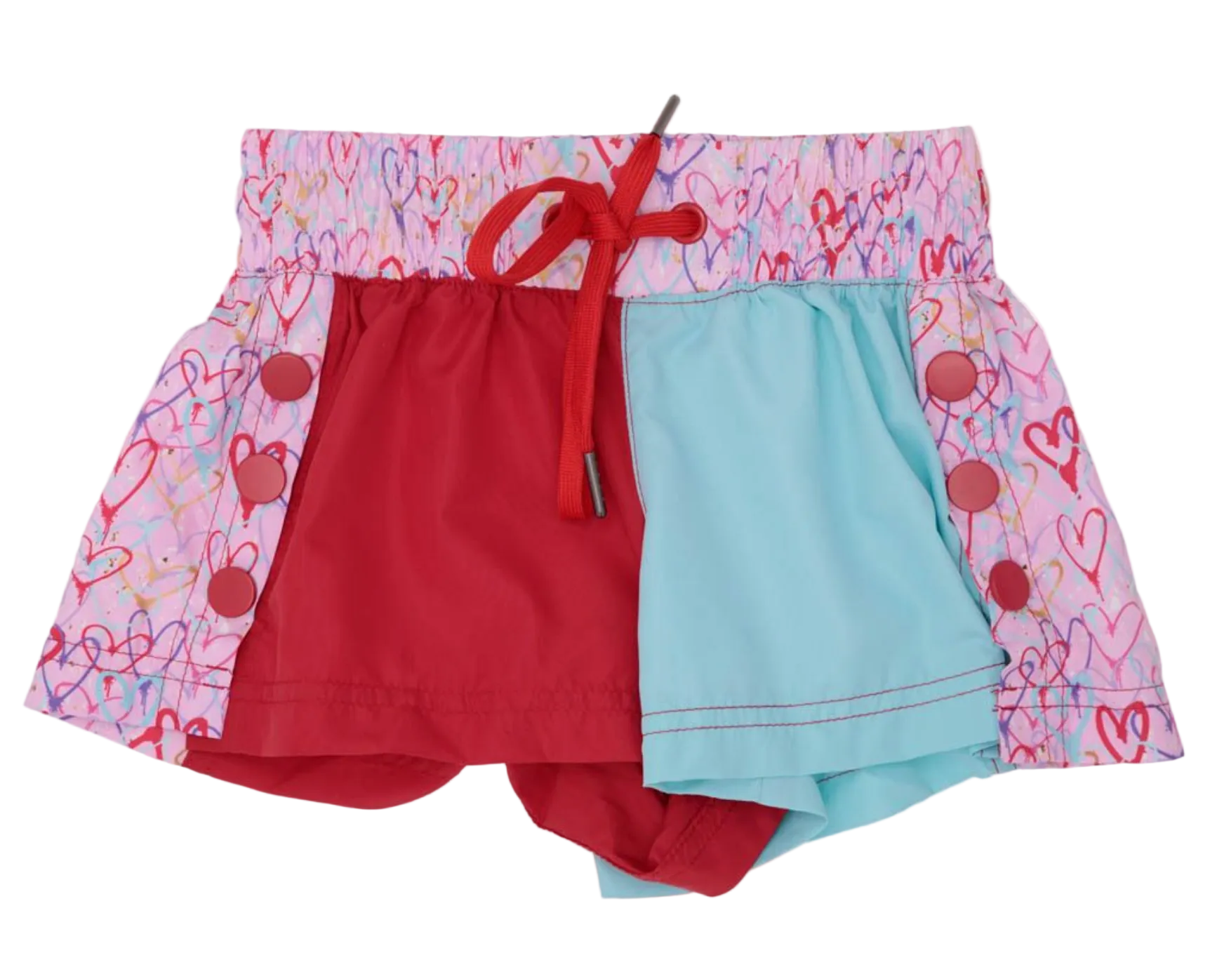 The Azarhia Heart Collage Color Block Shorts feature a pink waistband and sides with a heart print, a red front left panel, light blue right panel, and red drawstring—perfect playful style for Valentine's Day!.