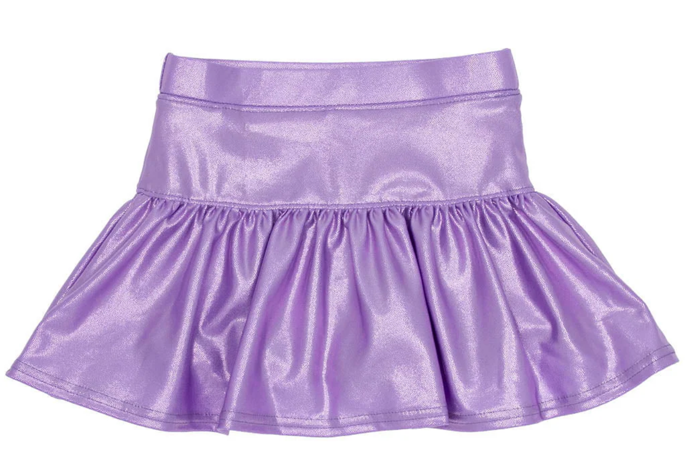 The Azarhia Lavender Shimmer Gathered Skort features a shiny, metallic lavender finish with a high fitted waistband and a flared, gathered bottom, displayed against a white background.
