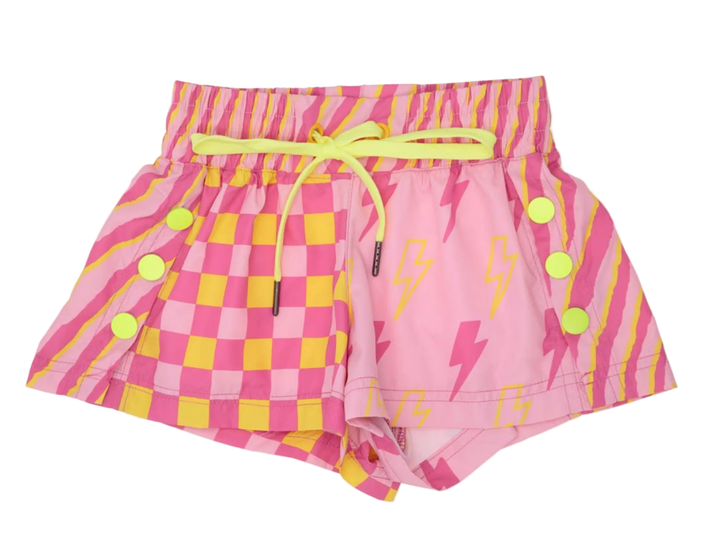 The Azarhia Check Lightning Bolt Shorts for girls feature a tie waist, neon yellow buttons, checkerboard and lightning designs, plus diagonal stripes along the waistband and edges for a fun layered look.