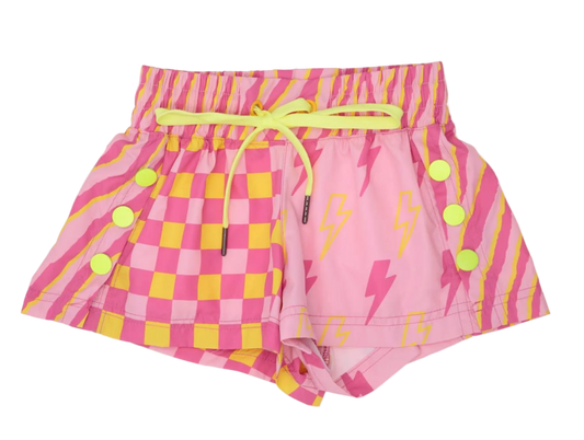 The Azarhia Check Lightning Bolt Shorts for girls feature a tie waist, neon yellow buttons, checkerboard and lightning designs, plus diagonal stripes along the waistband and edges for a fun layered look.