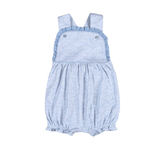 The Baby Loren Ivy Floral Sun Bubble is a blue and white romper with ruffles, made from soft pima cotton—perfect as a floral outfit for baby girls.