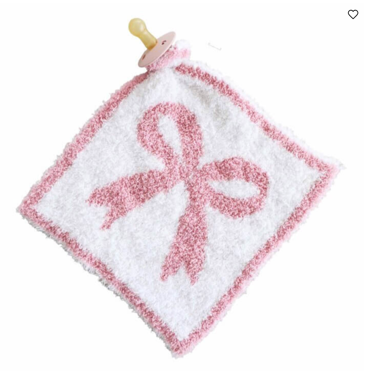The CuddleLane™ Luxe Lovey | Bows by Caden Lane is a white and pink security blanket featuring a bow design center and a pacifier holder for baby's comfort.