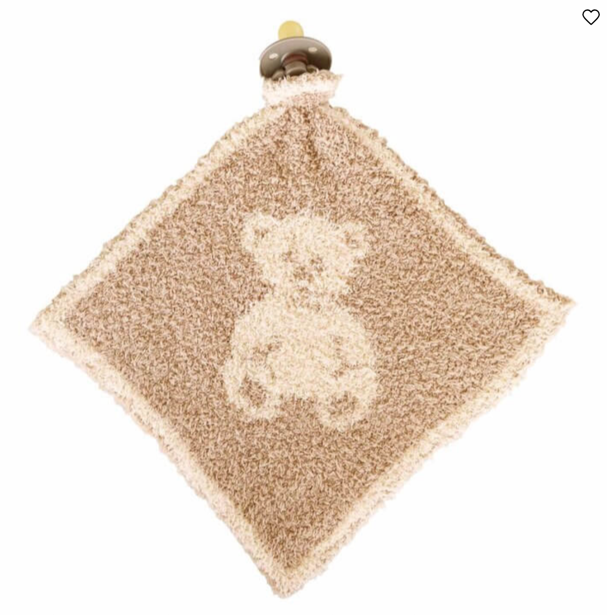 The Caden Lane CuddleLane™ Luxe Lovey | Teddy Bears is a soft, square brown plush blanket with a central teddy bear design and a pacifier holder at the top corner for comfort and convenience.