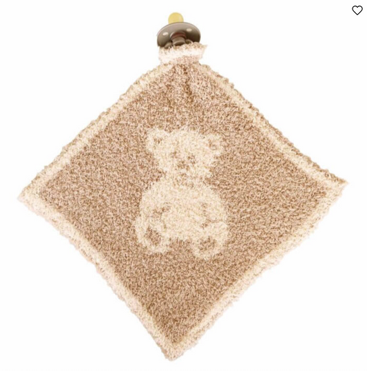 The Caden Lane CuddleLane™ Luxe Lovey | Teddy Bears is a soft, square brown plush blanket with a central teddy bear design and a pacifier holder at the top corner for comfort and convenience.
