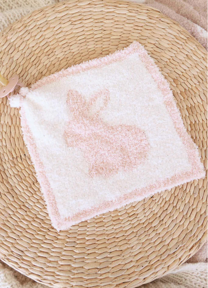 The CuddleLane™ Luxe Lovey | Bunny Foo Foo by Caden Lane is a soft square washcloth with a pink bunny design and border, ideal as a plush comfort item for your baby.