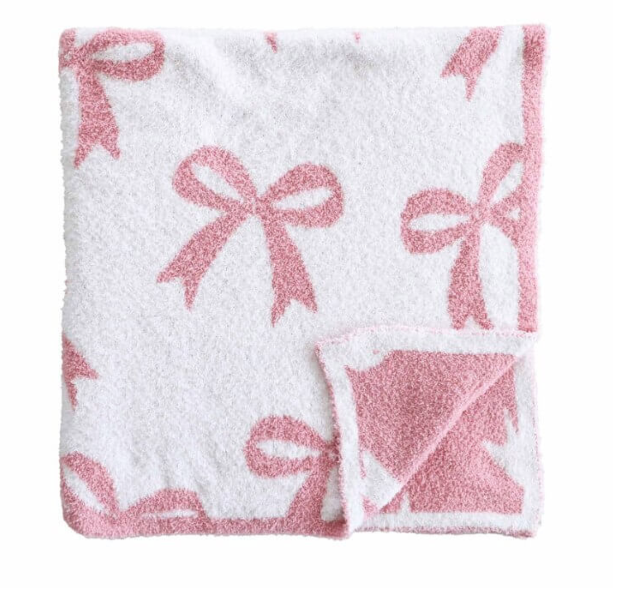 The CuddleLane™ Luxe Blankets | Bows by Caden Lane is a soft, square baby blanket with a white side featuring pink bows and a pink reverse with white bows—perfect for nursery décor.