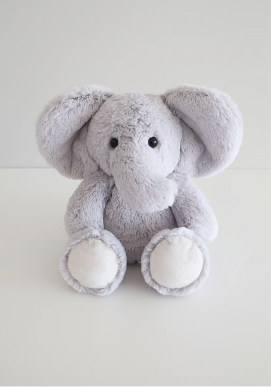The Caden Lane Large Cuddle Plush Friends | Ellie Elephant is a soft, gray stuffed animal with big ears, white feet, and black eyes—an adorable plush toy perfect for cuddling.