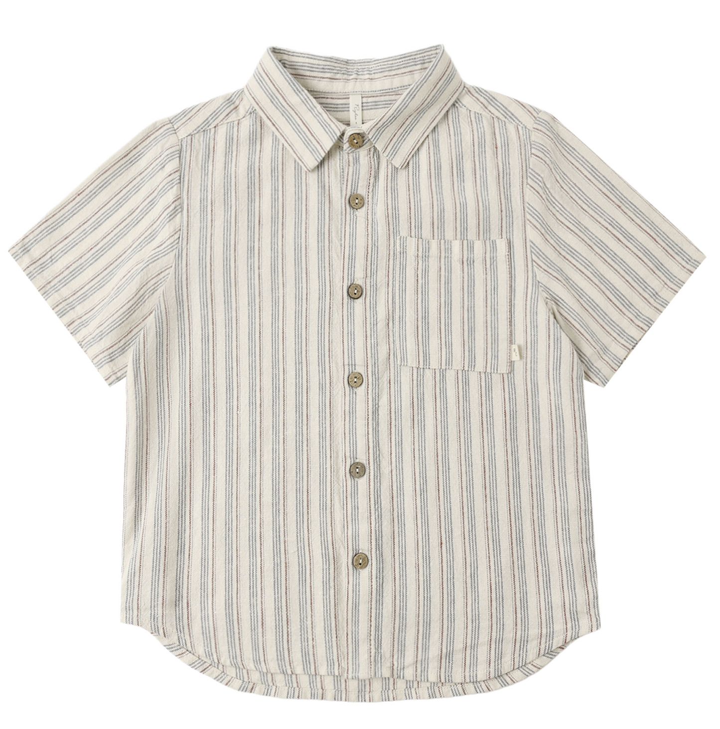 The Rylee & Cru Nautical Stripe Collared Shirt is a short-sleeve, button-up top with a front pocket, featuring vertical marine blue and beige stripes on a crisp white background.