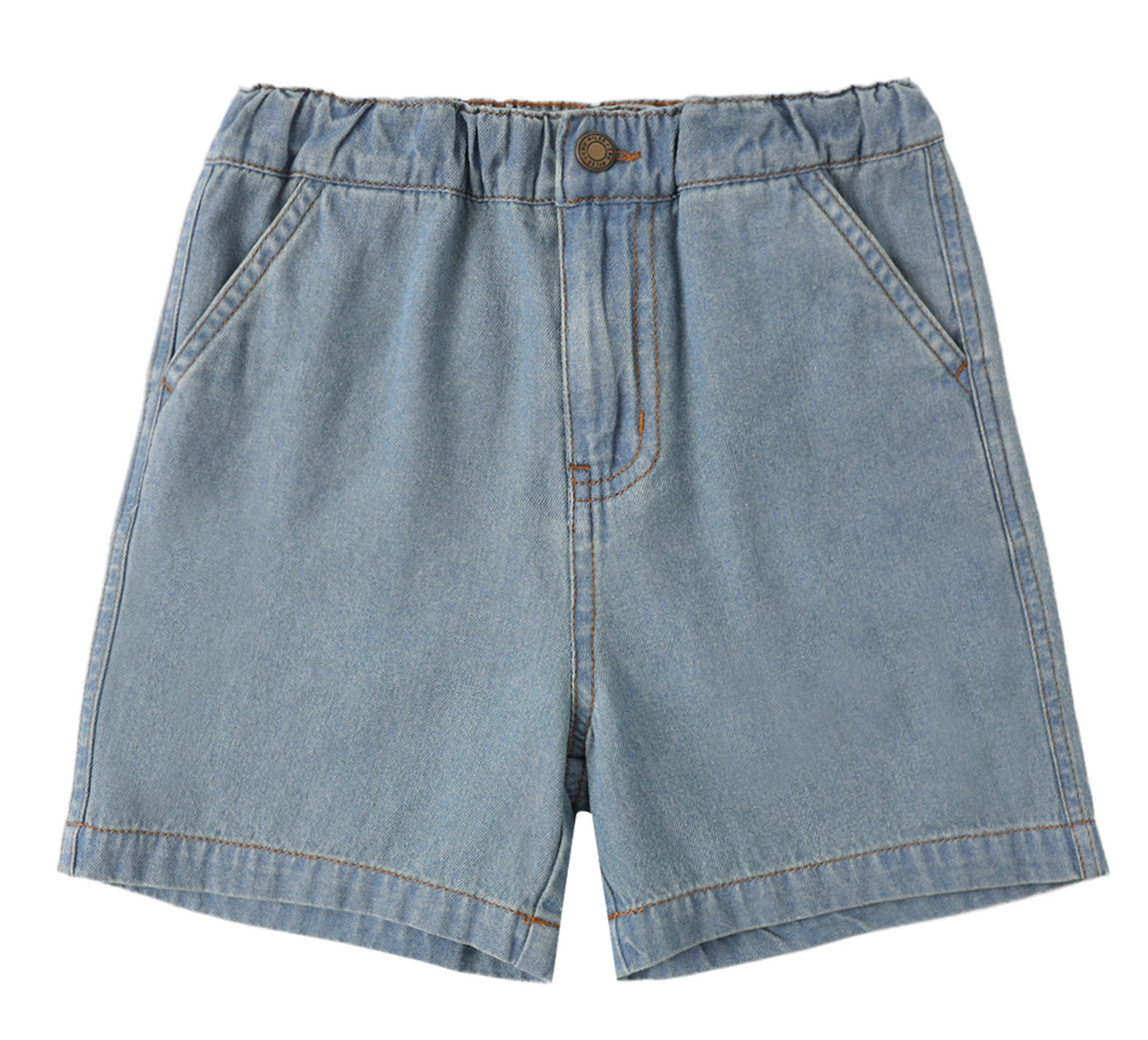 The Rylee & Cru Washed Blue Dawson Short for boys features an elastic waistband, front button, zipper, and two side pockets. Durable kids’ shorts shown laid flat on a white background.