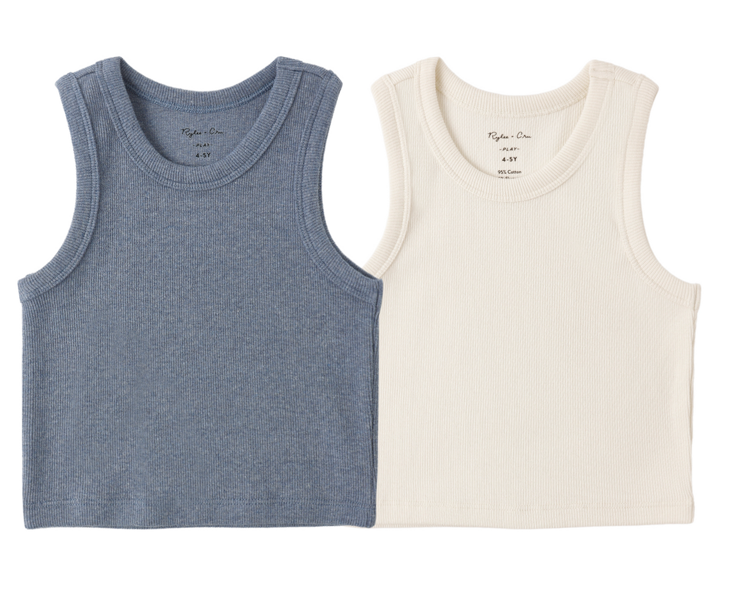 Two Rylee & Cru Ribbed Tanks for children, one in heathered marine and the other in off-white, both sleeveless with a round neckline and basic design, are laid flat side by side on a white background.