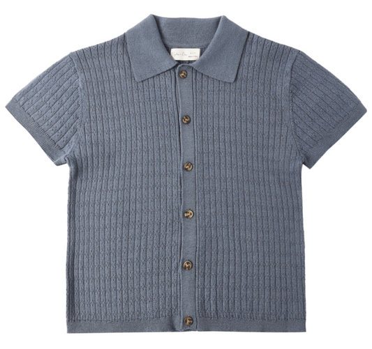 The Aiden Polo Marine by Rylee & Cru is a short-sleeved, light blue textured cardigan with a collar and brown buttons, featuring a vertical ribbed pattern—an ideal choice for your next family photo shirt.