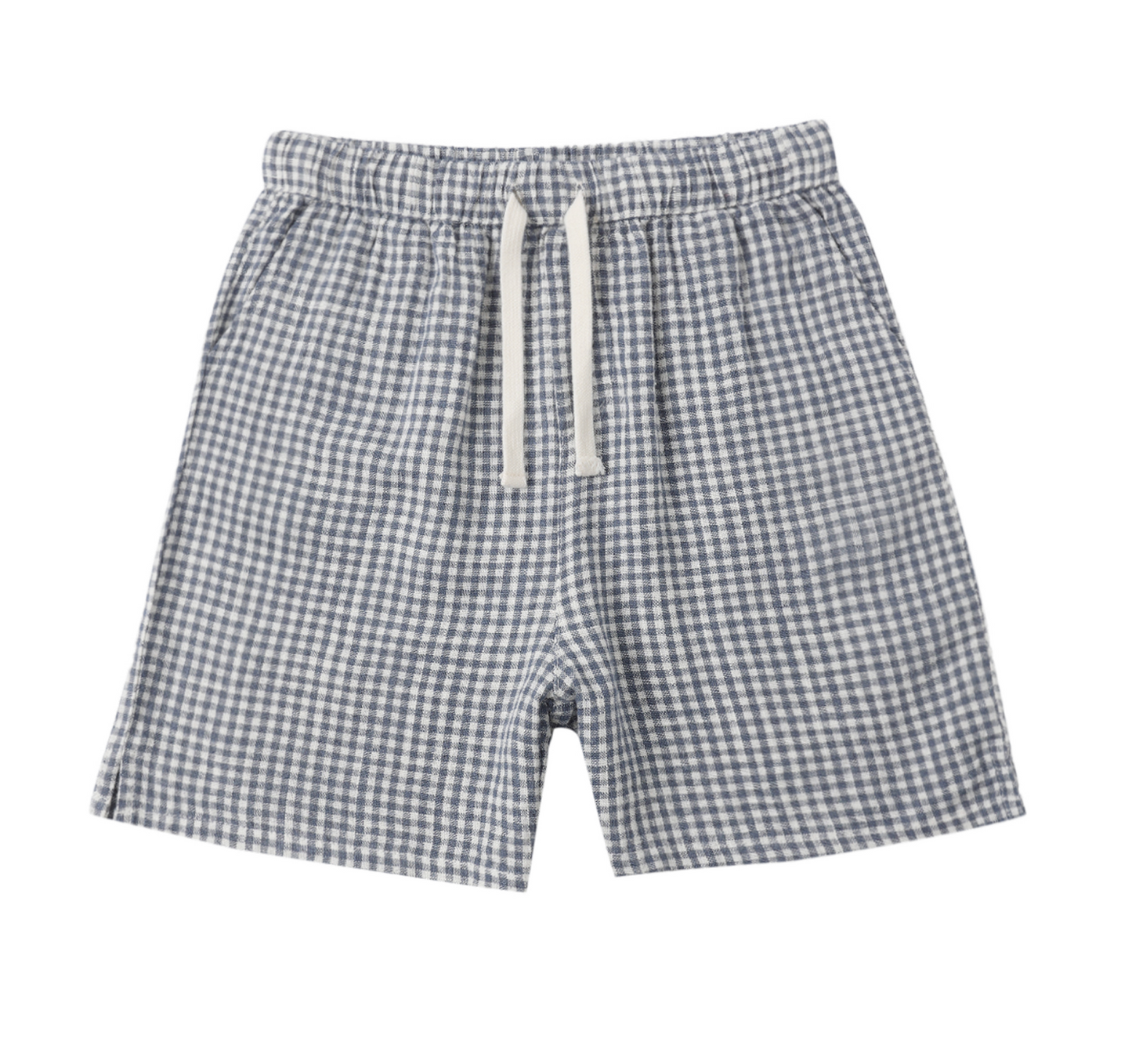 The Perry Marine Gingham Short by Rylee & Cru features blue and white gingham, an elastic waistband, and a white drawstring—ideal for versatile layering all season. Shown on a plain white background.