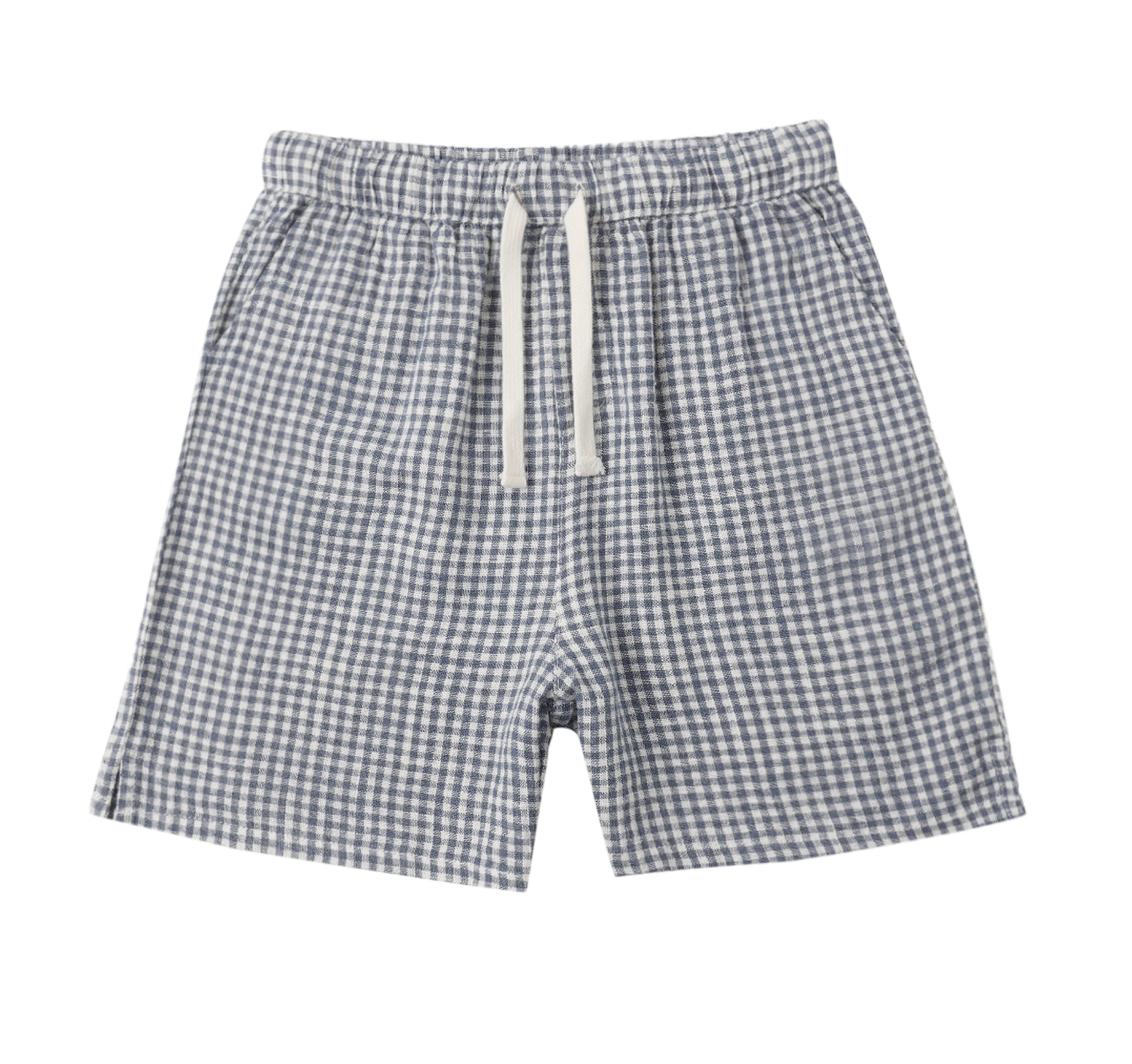 The Perry Marine Gingham Short by Rylee & Cru features blue and white gingham, an elastic waistband, and a white drawstring—ideal for versatile layering all season. Shown on a plain white background.