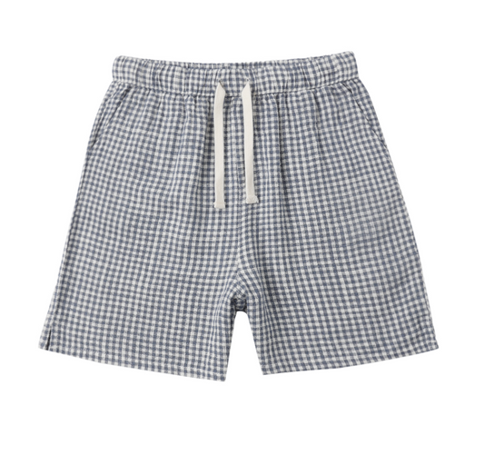 The Perry Marine Gingham Short by Rylee & Cru features blue and white gingham, an elastic waistband, and a white drawstring—ideal for versatile layering all season. Shown on a plain white background.