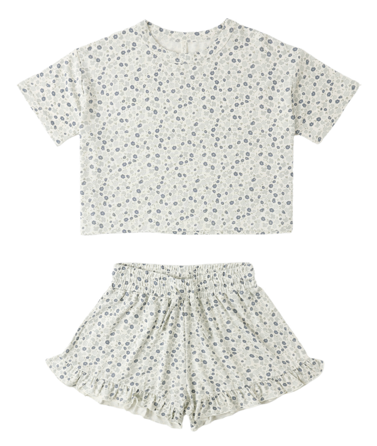 The Rylee & Cru Blue Ditsy Mosie Set includes a short-sleeved cropped top and ruffled shorts in light floral fabric—ideal for a cute summer look or easy layering.