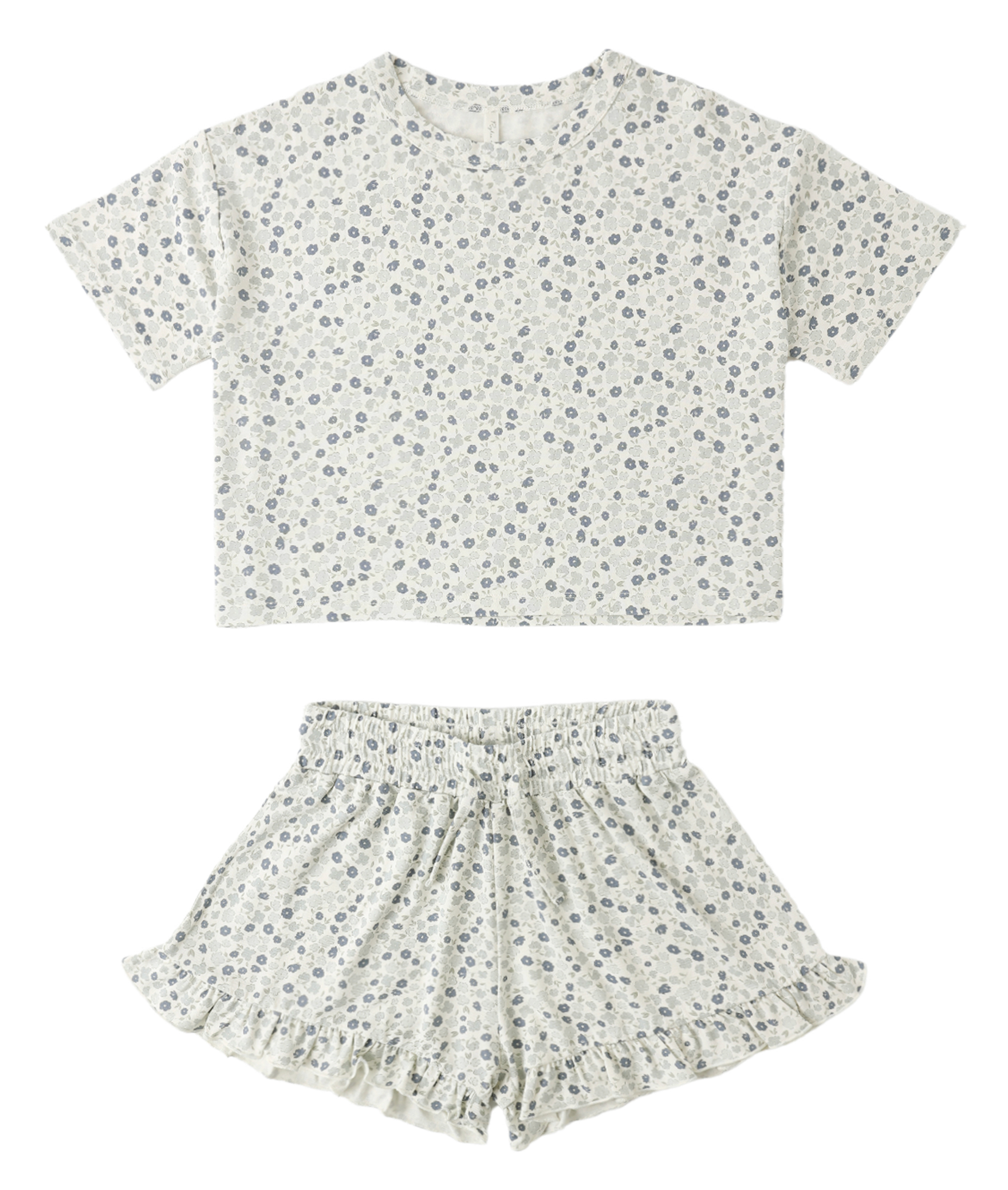 The Rylee & Cru Blue Ditsy Mosie Set includes a short-sleeved cropped top and ruffled shorts in light floral fabric—ideal for a cute summer look or easy layering.