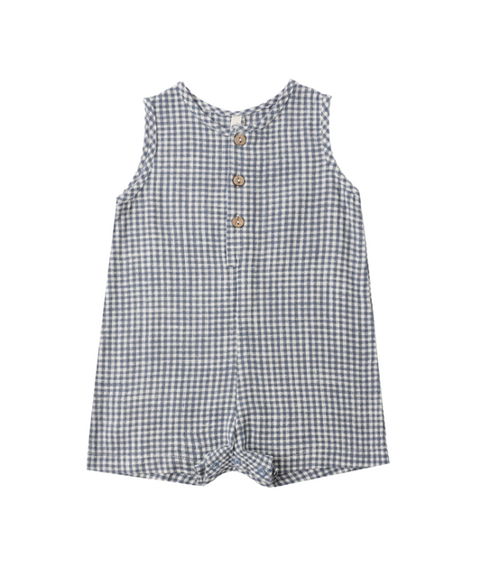 The Rylee & Cru Mavrick Romper Marine Gingham is a sleeveless blue and white gingham baby romper with three brown buttons and a round neckline—a charming toddler outfit.