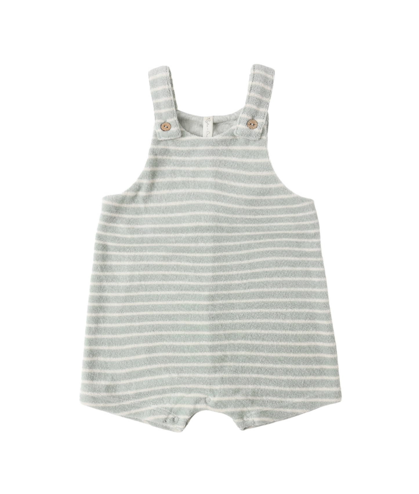 Rylee & Cru’s Gio Romper Seafoam Terry Stripe: a baby romper in light gray, white, and seafoam terry stripes with shoulder straps and wooden buttons, shown on a plain white background.