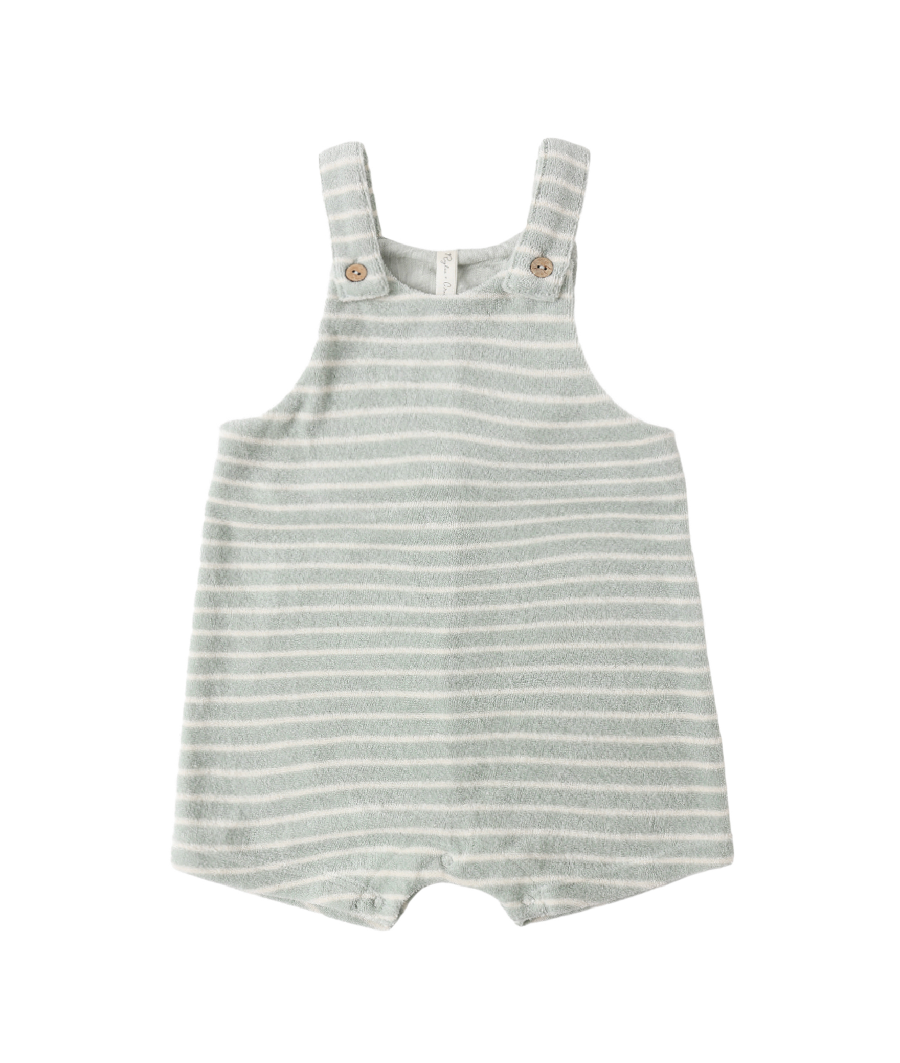 Rylee & Cru’s Gio Romper Seafoam Terry Stripe: a baby romper in light gray, white, and seafoam terry stripes with shoulder straps and wooden buttons, shown on a plain white background.