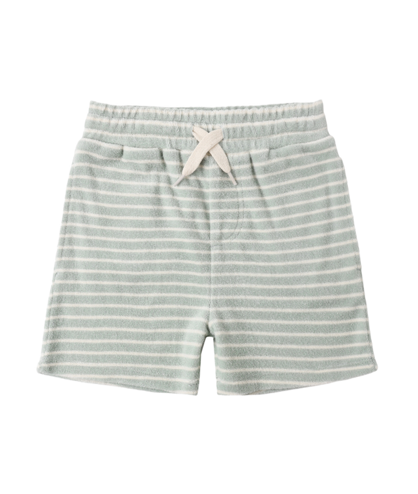 The Rylee & Cru Terry Seafoam Stripe Short features white horizontal stripes, an elastic waistband with drawstring bow, and is crafted from soft terry fabric—perfect for comfortable, casual wear.