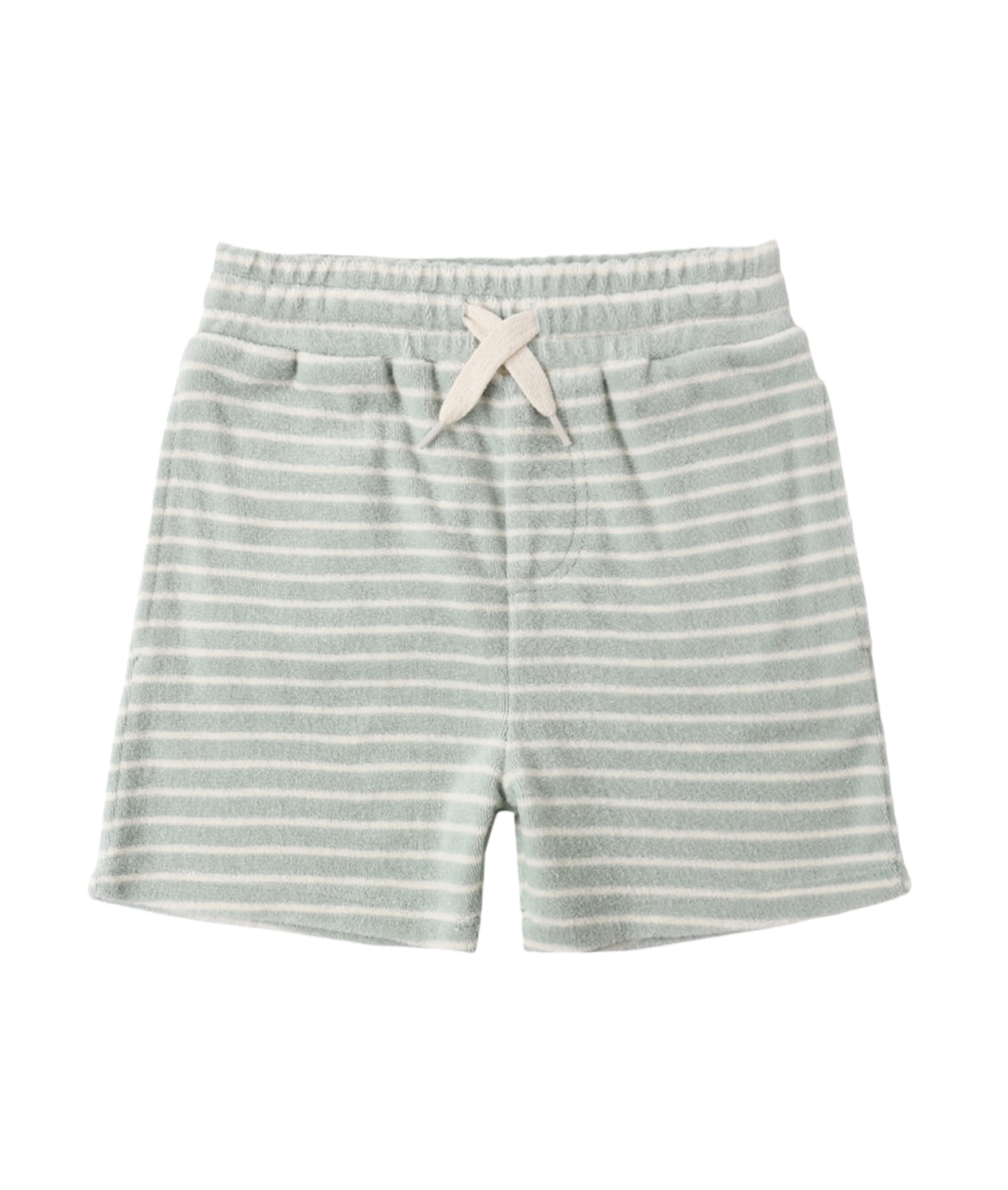 The Rylee & Cru Terry Seafoam Stripe Short features white horizontal stripes, an elastic waistband with drawstring bow, and is crafted from soft terry fabric—perfect for comfortable, casual wear.