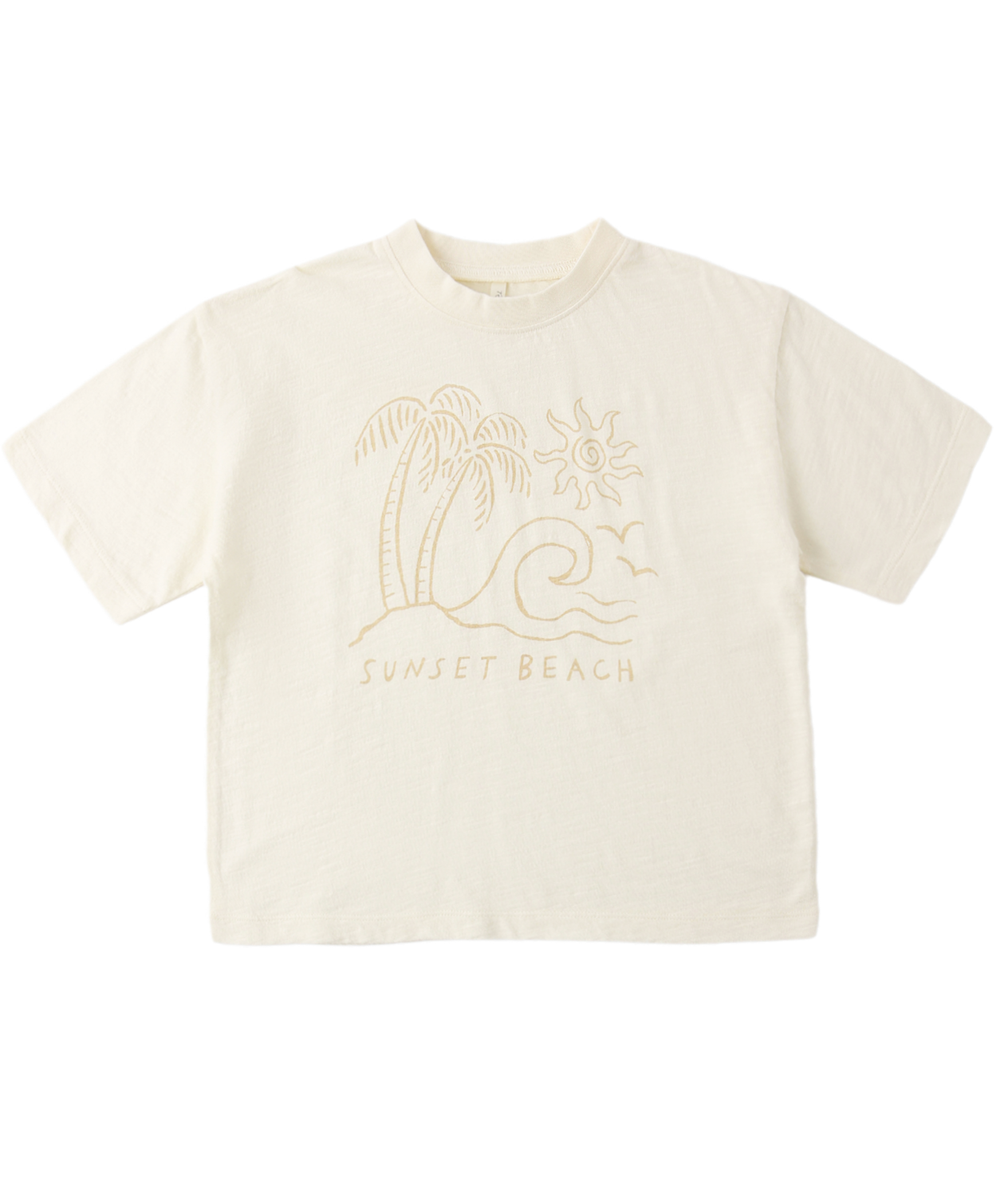 The Sunset Relaxed Tee by Rylee & Cru is a cream-colored cotton t-shirt with a relaxed fit, featuring line art of a palm tree, wave, sun, and birds above the words SUNSET BEACH—ideal for effortless coastal style.