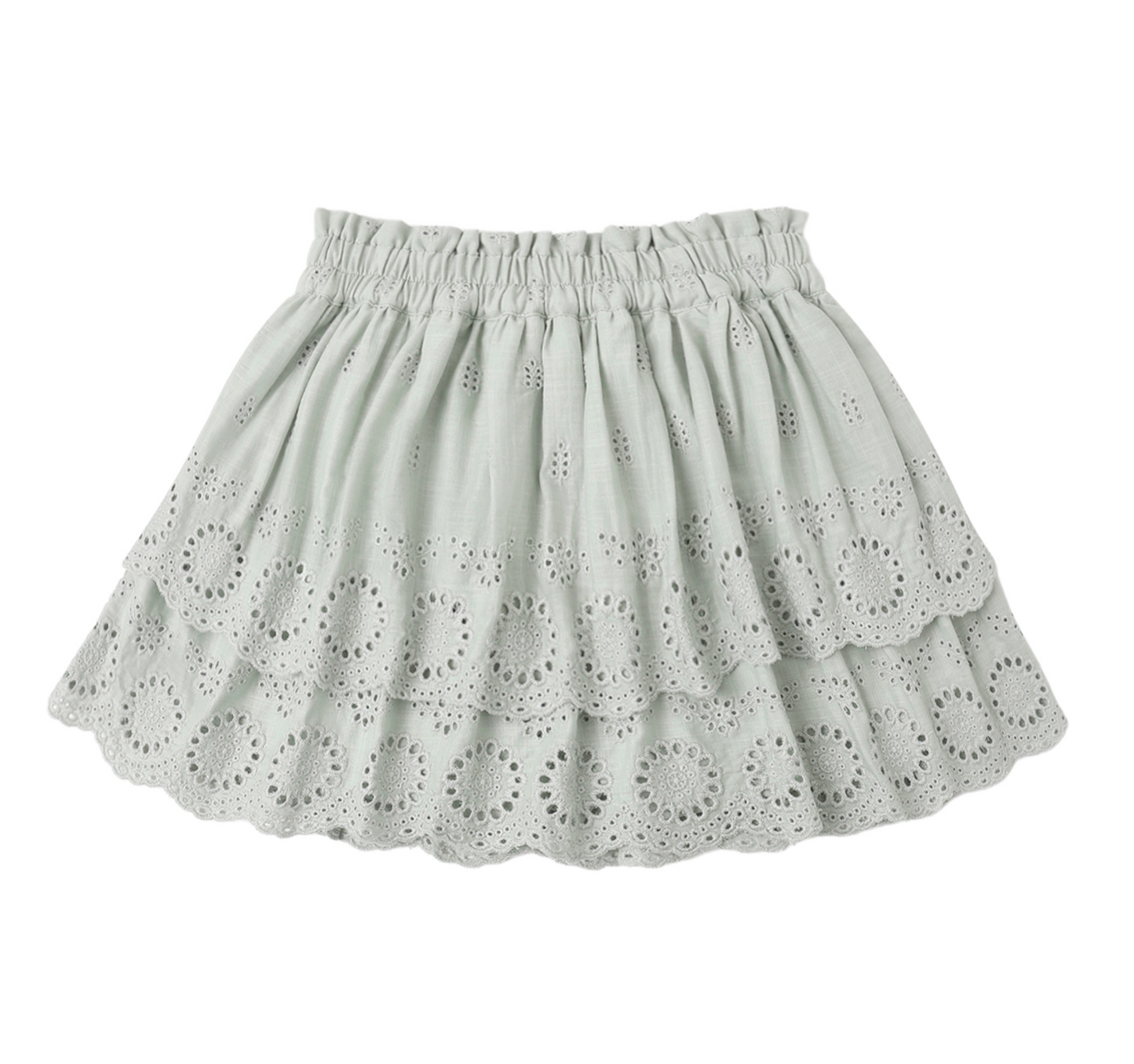 The Rose Seafoam Mini Skirt by Rylee & Cru features a light gray, tiered silhouette with an elastic waistband and circular eyelet embroidery on each ruffled layer—ideal as a breezy beach cover-up.