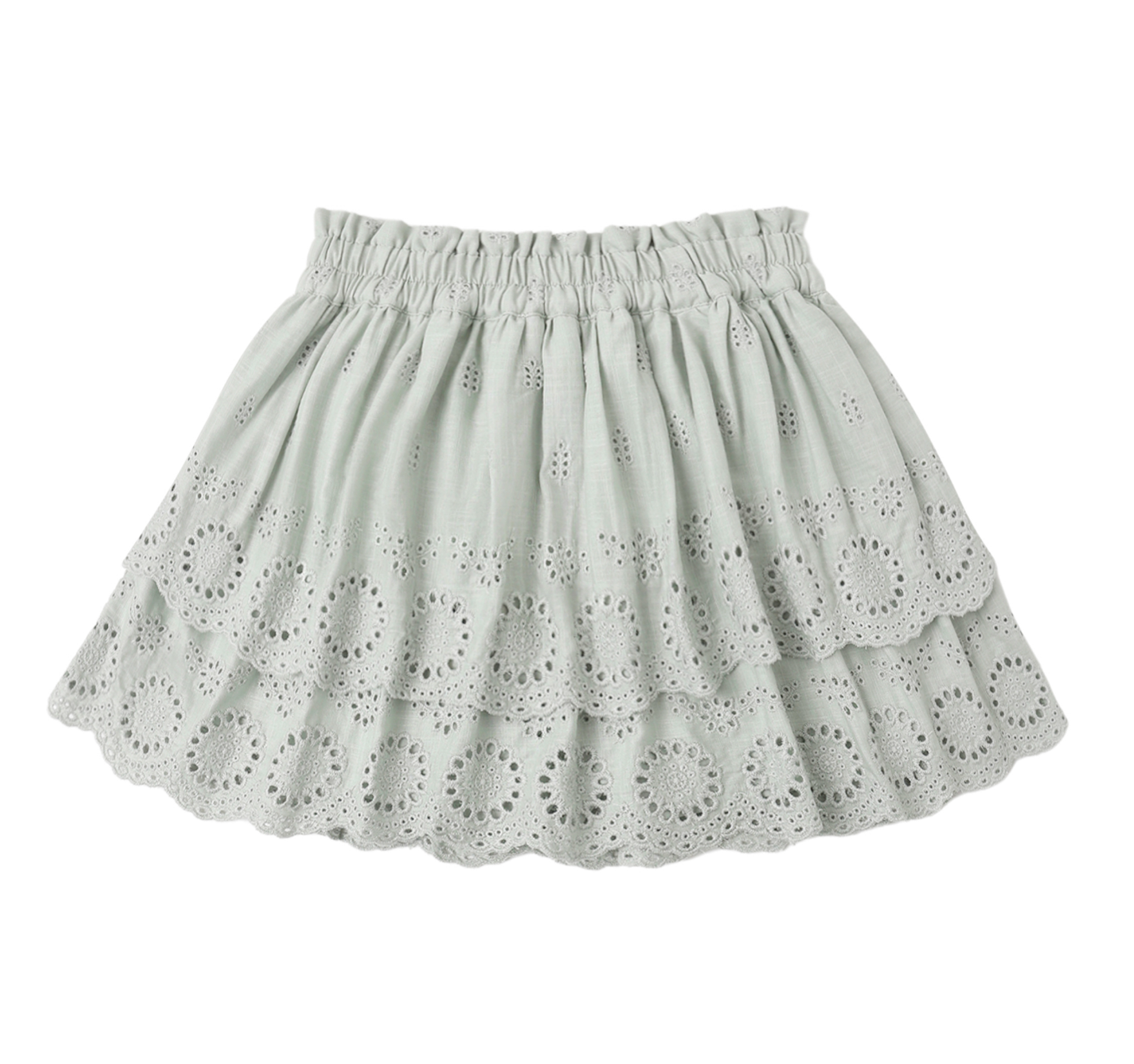 The Rose Seafoam Mini Skirt by Rylee & Cru features a light gray, tiered silhouette with an elastic waistband and circular eyelet embroidery on each ruffled layer—ideal as a breezy beach cover-up.