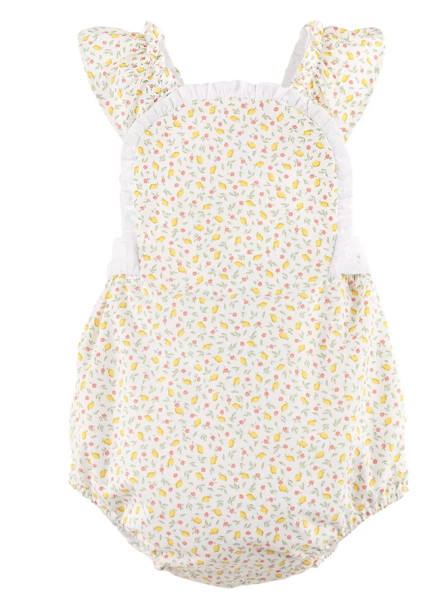 The Sophie & Lucas Lemonade Sunsuit features ruffled shoulder straps, a multicolored floral print, and an elastic waist and leg openings for a comfy fit—perfect for sunny days.