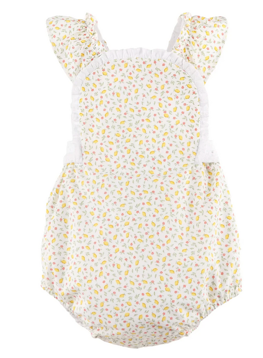 The Sophie & Lucas Lemonade Sunsuit features ruffled shoulder straps, a multicolored floral print, and an elastic waist and leg openings for a comfy fit—perfect for sunny days.