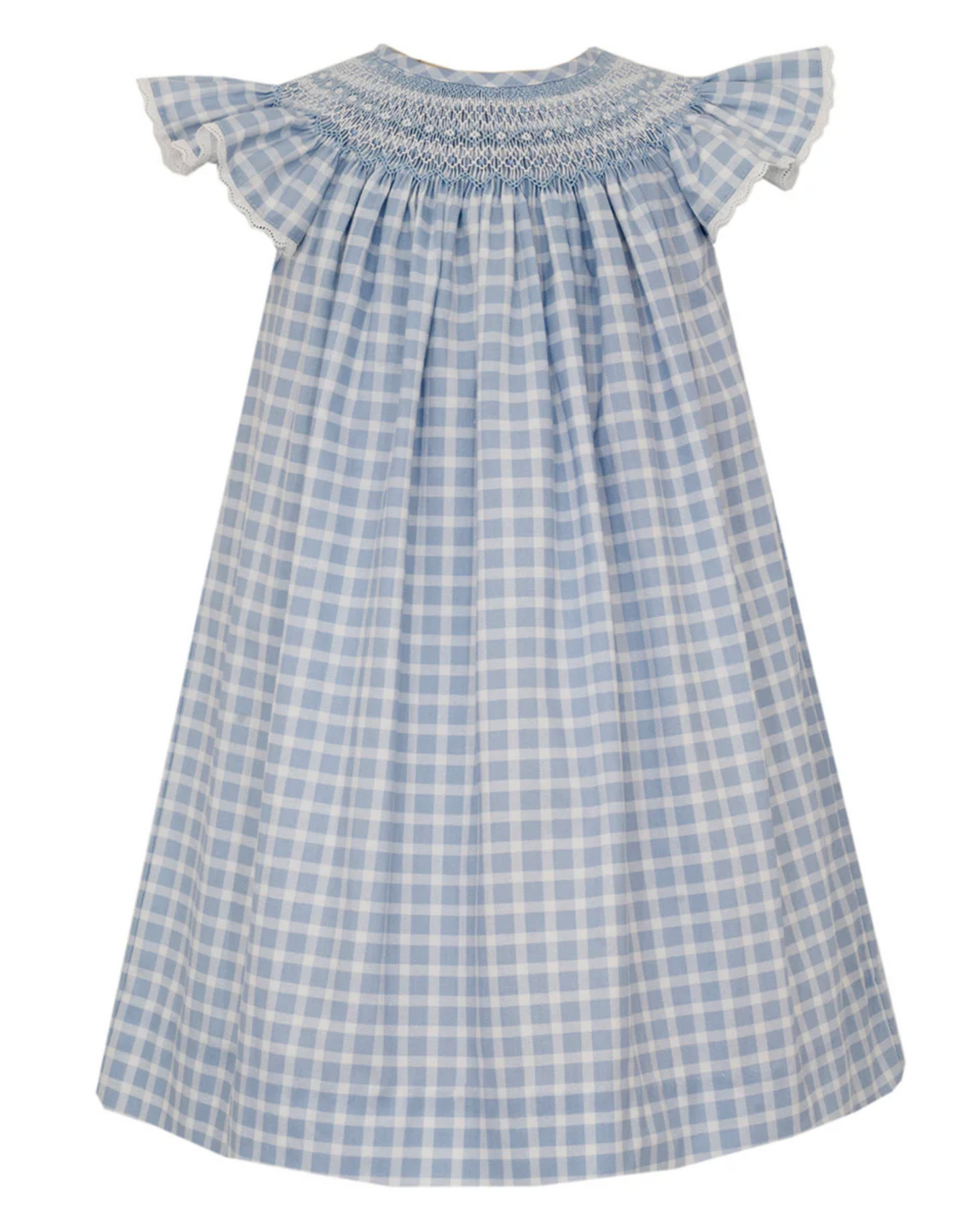 The Claire & Charlie Angel Wing Blue Check Bishop Dress features light blue and white checks, angel wing sleeves, and delicate bishop smocking on the neckline, shown against a white background.