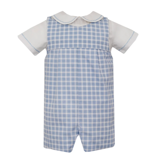 The Blue Check Jon Jon Set by Claire & Charlie features a white Peter Pan collar top with blue stitching and short sleeves, paired with a classic light blue and white gingham checkered overall.