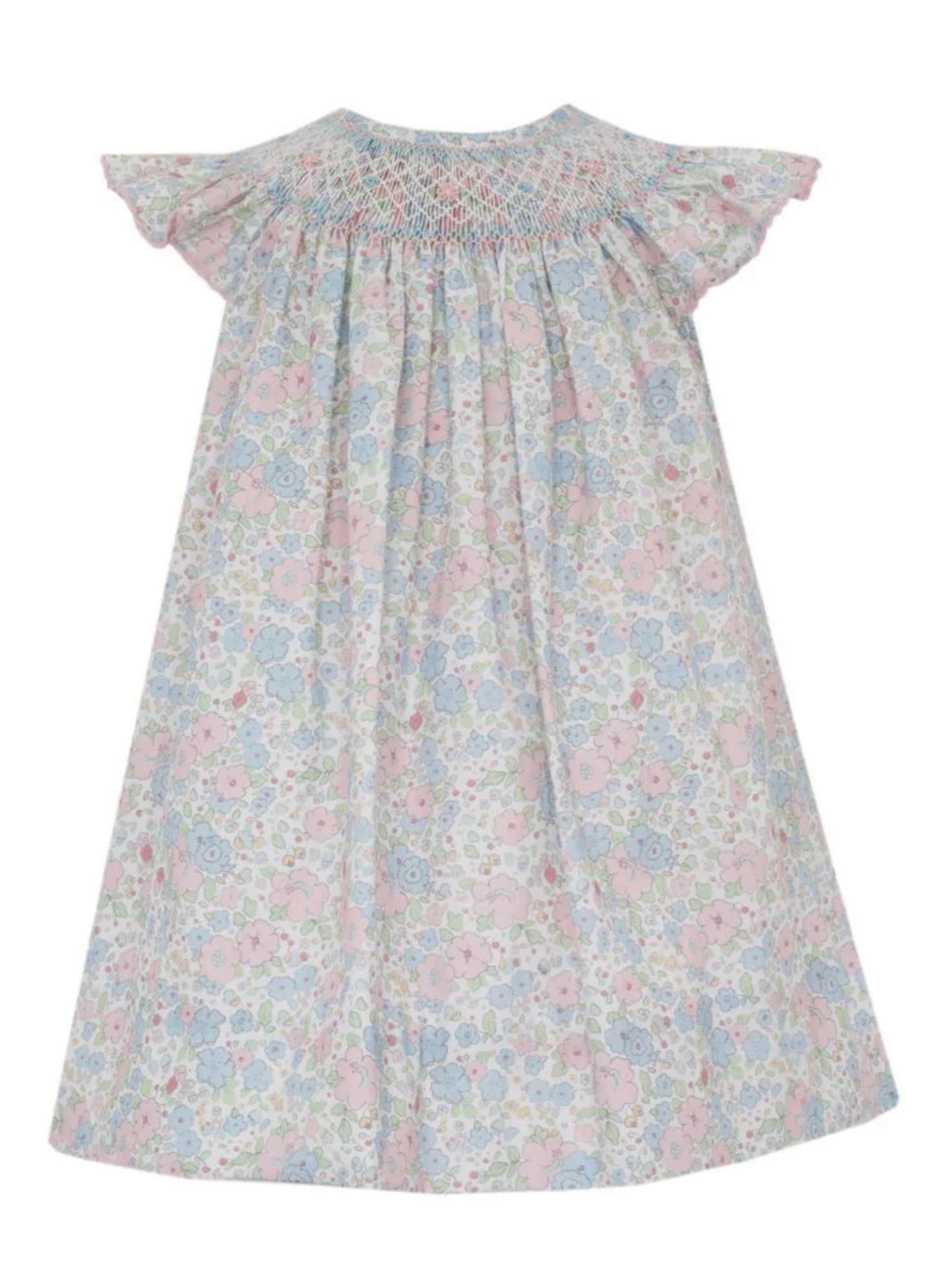 The Petie Bebe Caroline Pink and Blue Liberty Floral Angel Wing Bishop is a child’s short-sleeved dress with pastel floral print, hand-smocked neckline, and flutter sleeves.