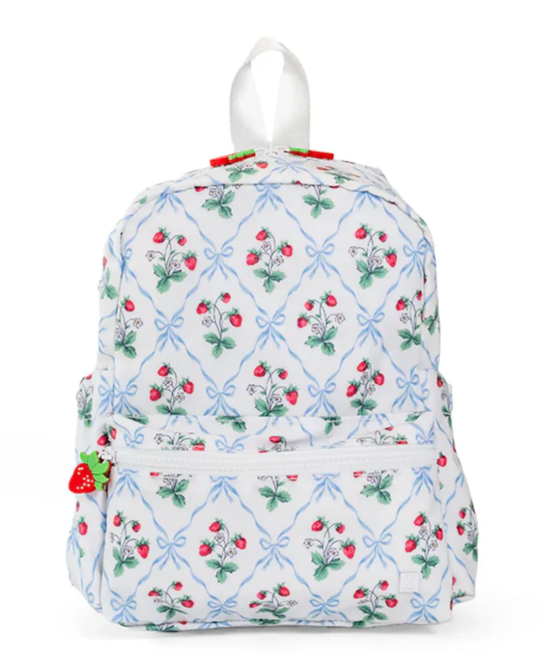 The TRVL Mini Backer by TRVL is a white kids’ backpack with a playful strawberry, green leaf, and blue ribbon pattern. It features a white zipper with a strawberry-shaped pull and is washable—perfect for everyday adventures.