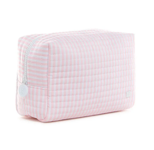 The TRVL QUILTED EVERYDAY BAG by TRVL features a light pink and white gingham pattern, top zipper closure, and is machine washable—perfect as a versatile travel pouch.