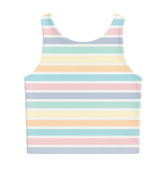 The Belle Cher Striped Razorback Top is a pastel cropped tank with blue, pink, yellow, mint green, and white horizontal stripes. This sleeveless, high-neck top offers a snug fit—ideal for girls' matching outfits. Shown on a plain white background.