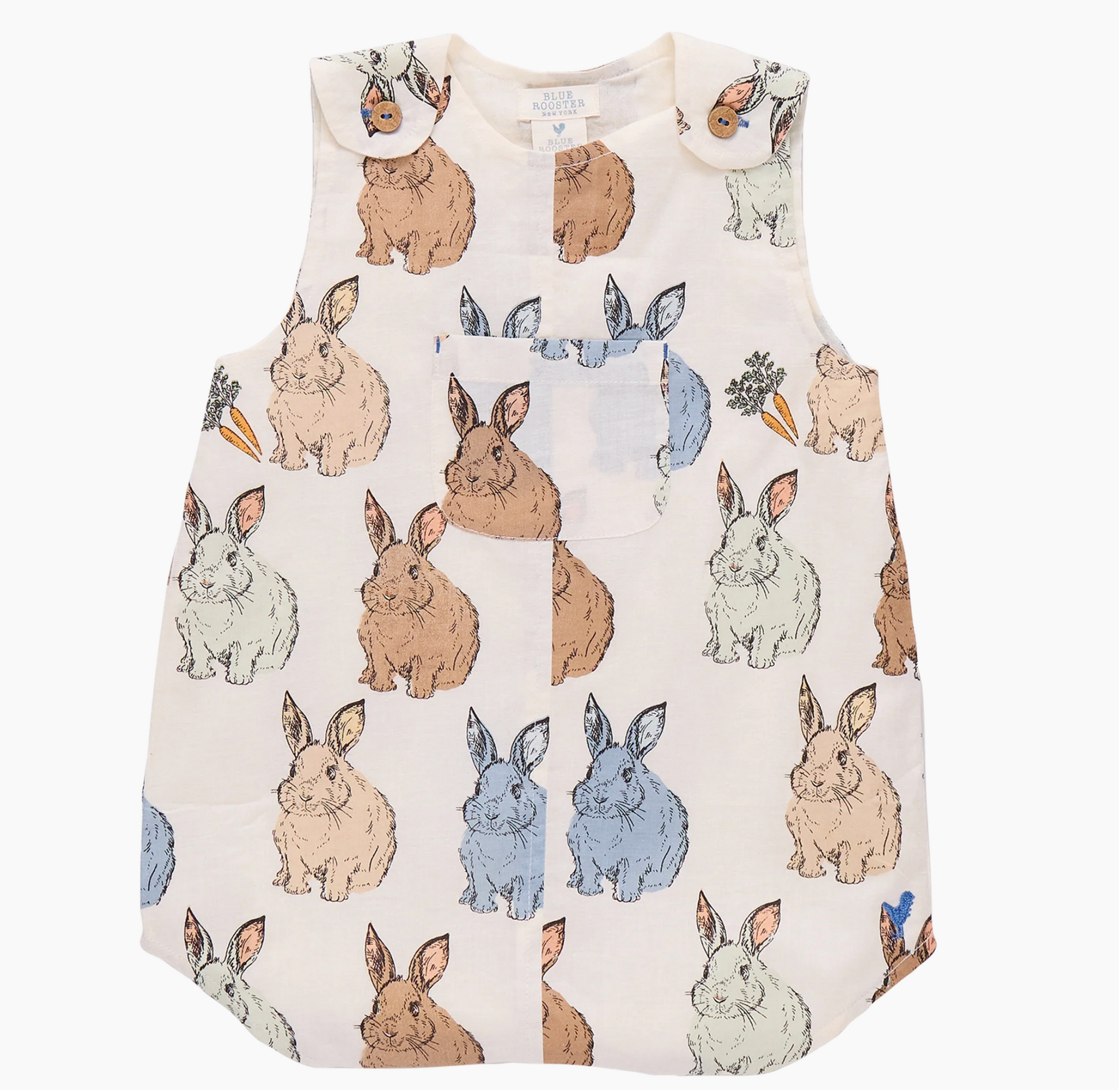 The Vintage Bunny Noah Jumper by Pink Chicken is a sleeveless baby boy's romper with a brown, gray, blue, and white bunny print, carrots, and butterfly details. Features a front pocket and snap shoulder closures—perfect for Easter!.