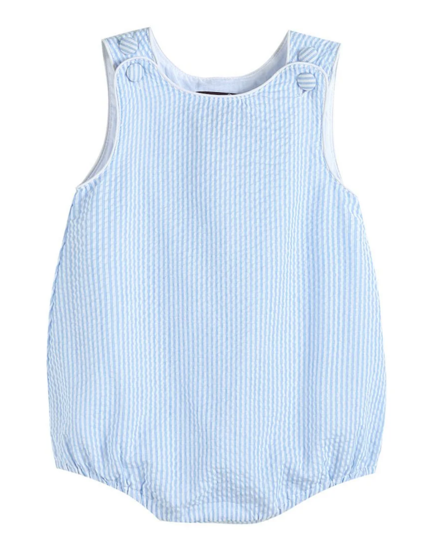 The Lil Cactus Classic Seersucker Bubble Romper features light blue and white vertical stripes, a sleeveless design, button closures on the shoulders, and elastic leg openings.