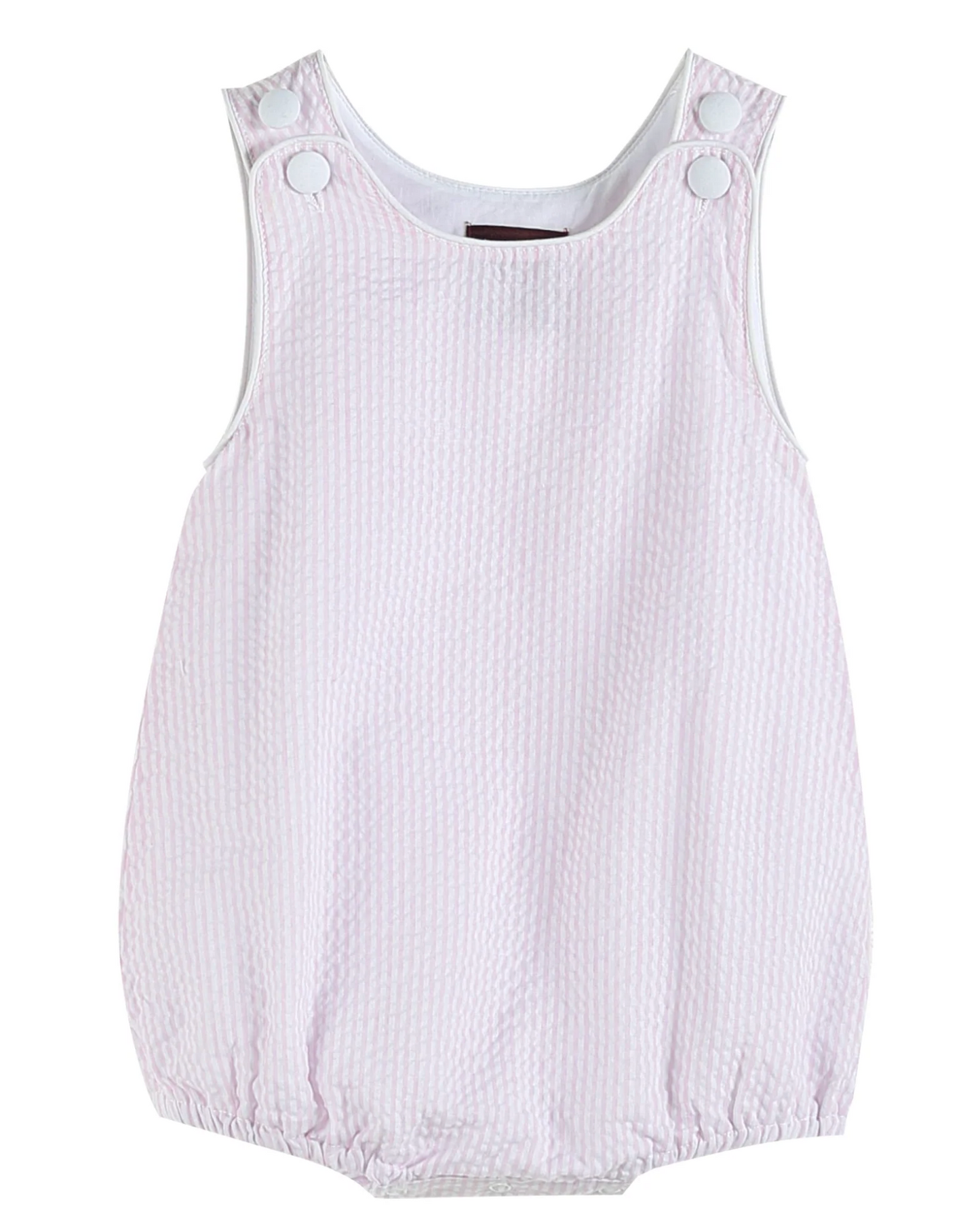 The Lil Cactus Classic Seersucker Bubble Romper features light pink fabric, white lining, sleeveless design, strap buttons, and elastic leg openings for comfort. Ideal for personalizing, it's perfect for special occasions or everyday wear.