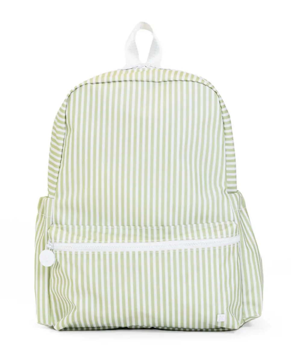 The TRVL Backpack by TRVL features bold green and white stripes, making it a stylish choice for anyone looking to stand out on the go.