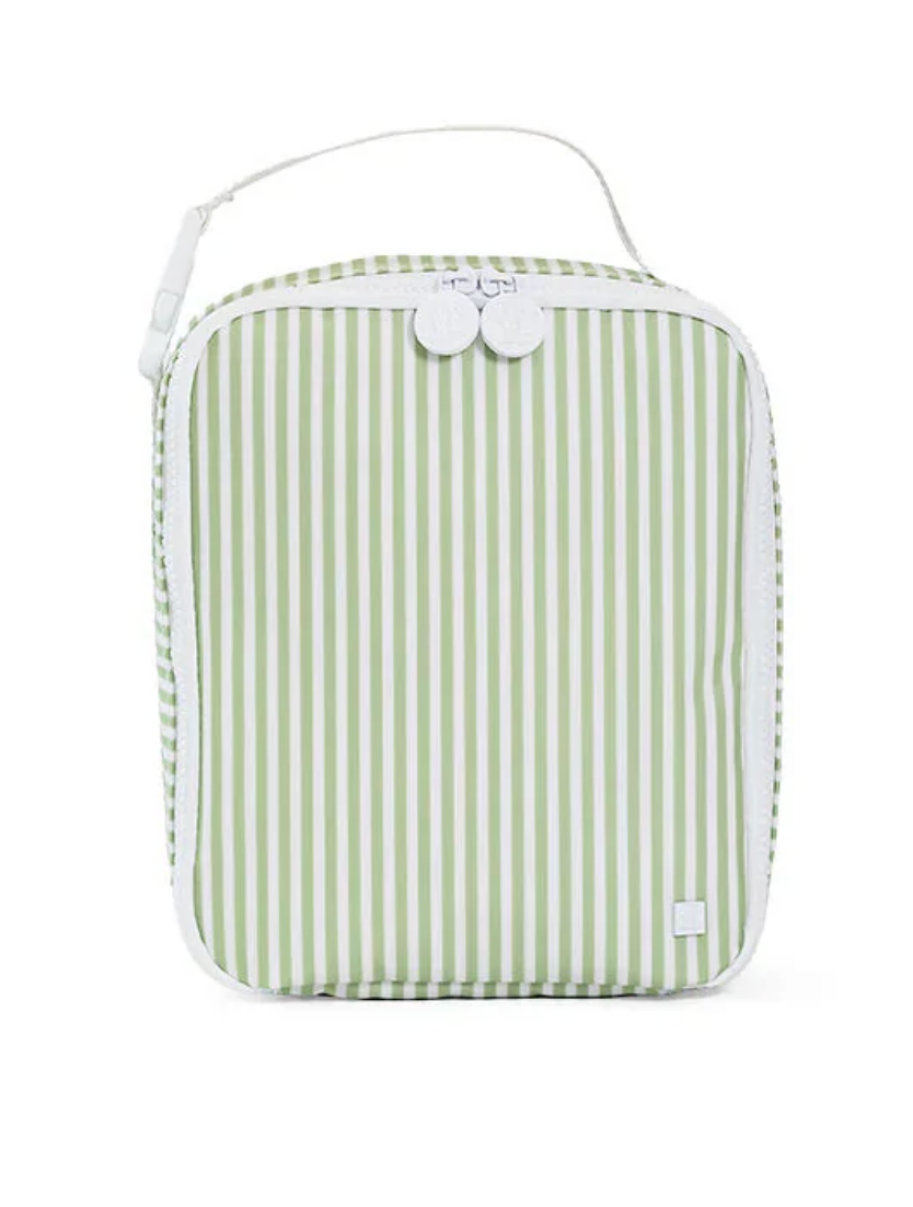 The TRVL LunchBox by TRVL features a compact design with green and white vertical stripes, a white top handle, and zipper. Water-resistant construction keeps your meals fresh and secure all day.