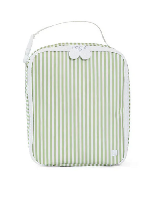 The TRVL LunchBox by TRVL features a compact design with green and white vertical stripes, a white top handle, and zipper. Water-resistant construction keeps your meals fresh and secure all day.