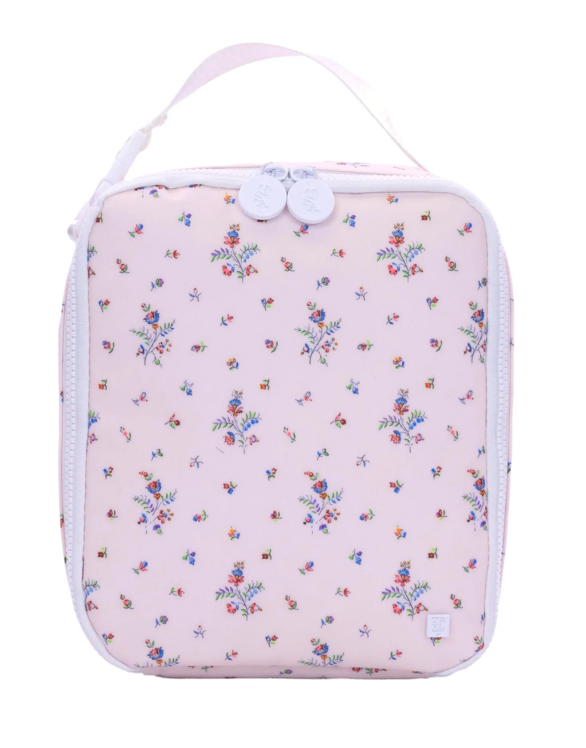 The TRVL LunchBox by TRVL is a square, light pink compact lunch bag with a handle, featuring a colorful floral pattern and two round zipper pulls—stylish and water-resistant for carrying meals on the go.