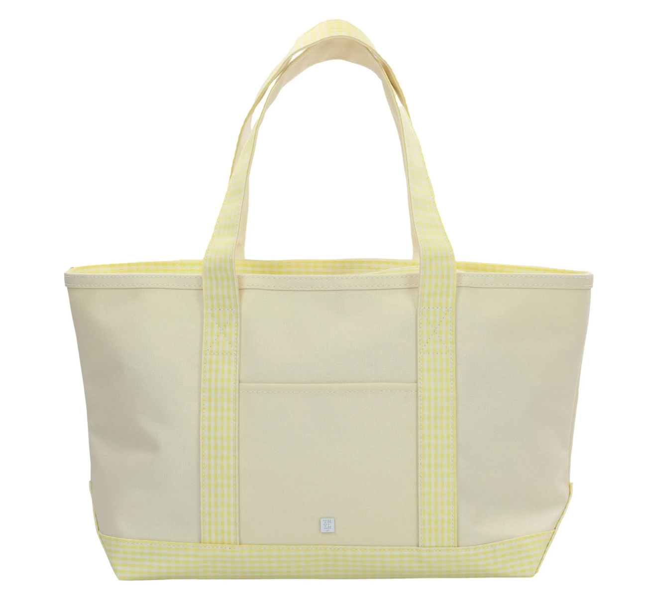 The TRVL Mini Tote by TRVL is a beige kids bag with yellow checkered handles and trim, an exterior front pocket, and a simple rectangular design—stylish and eco-friendly for everyday use.