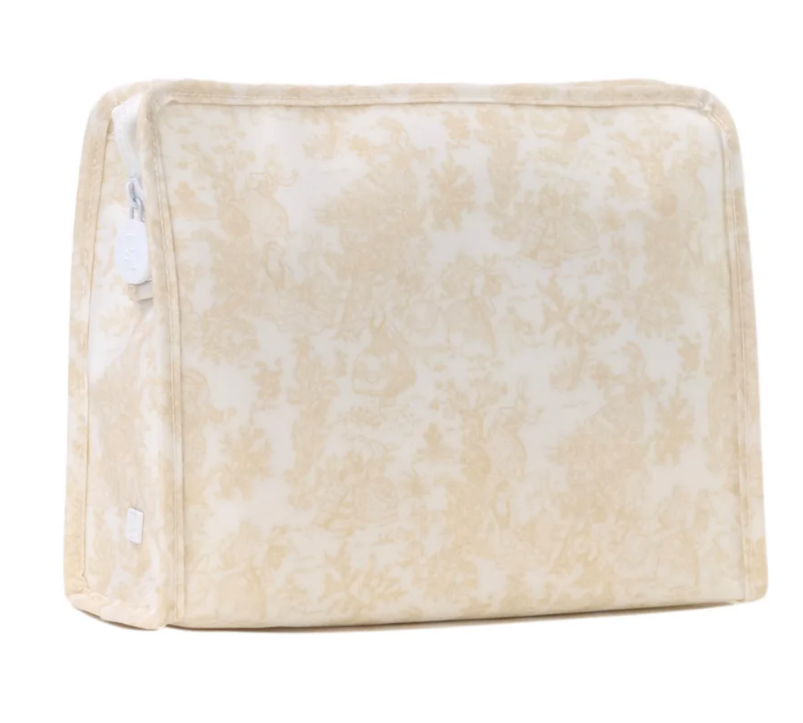 The TRVL Large Roadie Bag by TRVL features beige and white fabric with a subtle floral pattern, softly structured sides, and a waterproof zip pouch on the side.