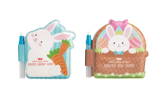 Two mudpie Easter Water Color Wizard Books with markers attached—one shows a bunny with carrots on blue, the other has a bunny in an egg basket on pink. Both offer mess-free, water-activated painting and fun Easter activities.